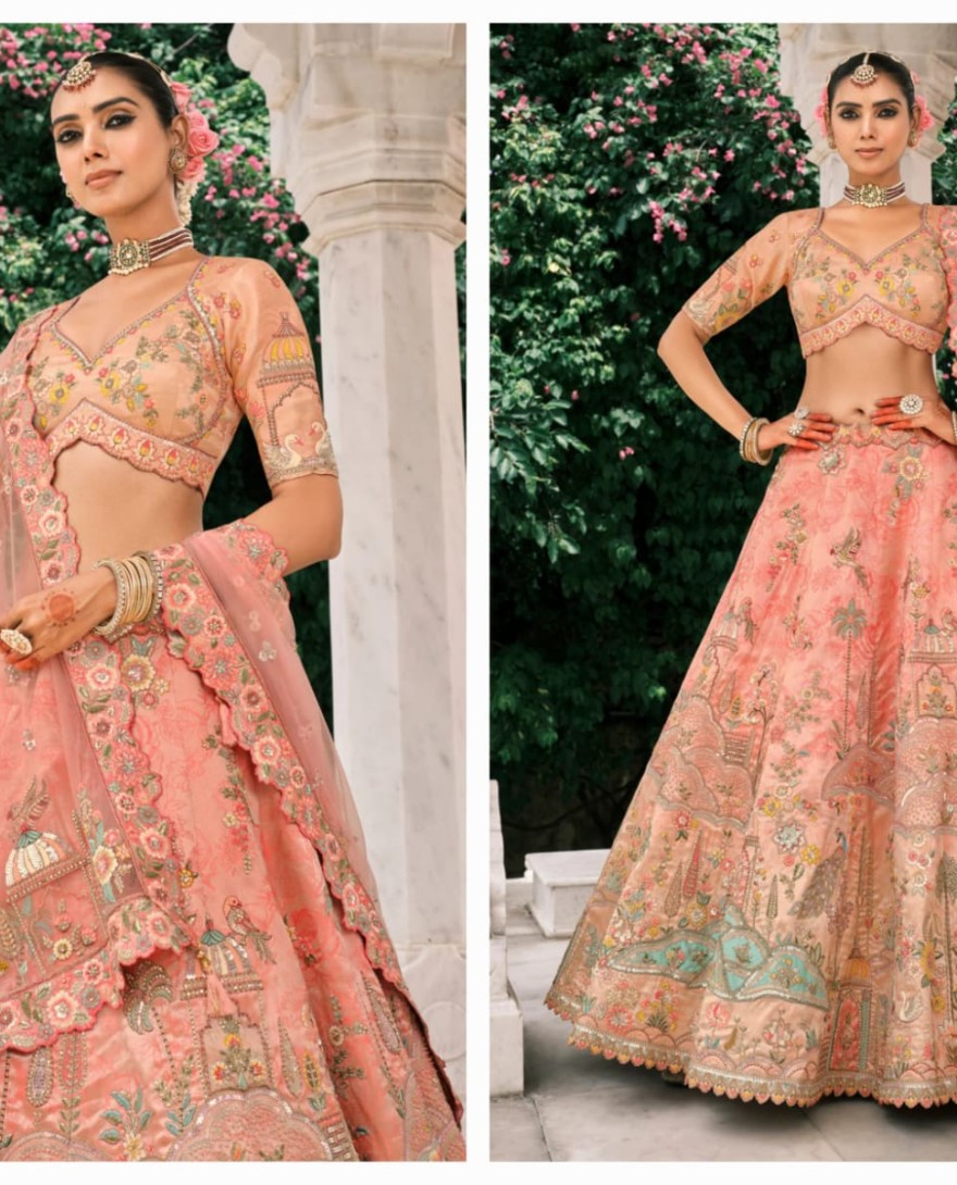 PEACHPINK - Peach Pink Fancy Silk Lehenga Choli With Cut Work Embroidery Border & Stone Work
